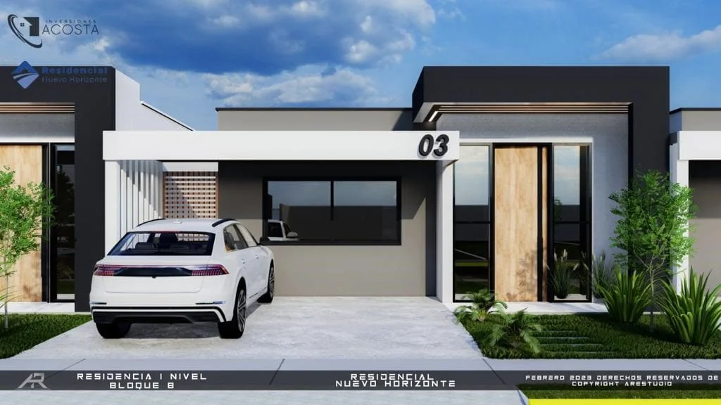 Modern one story house with white car parked in the driveway